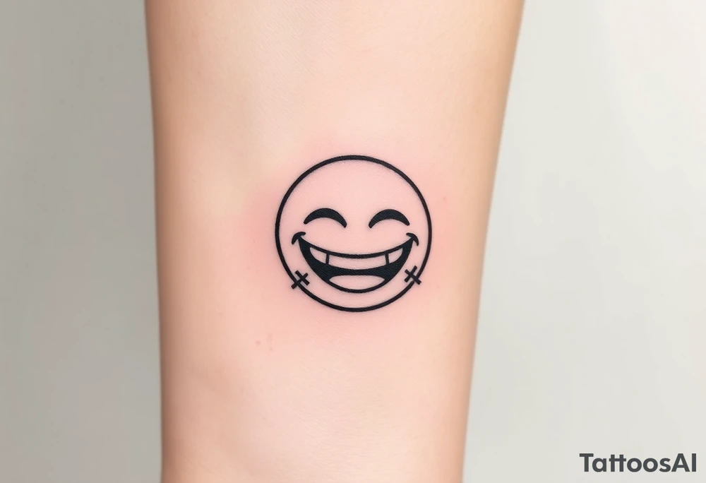 Laughing emoji with stiches tattoo idea