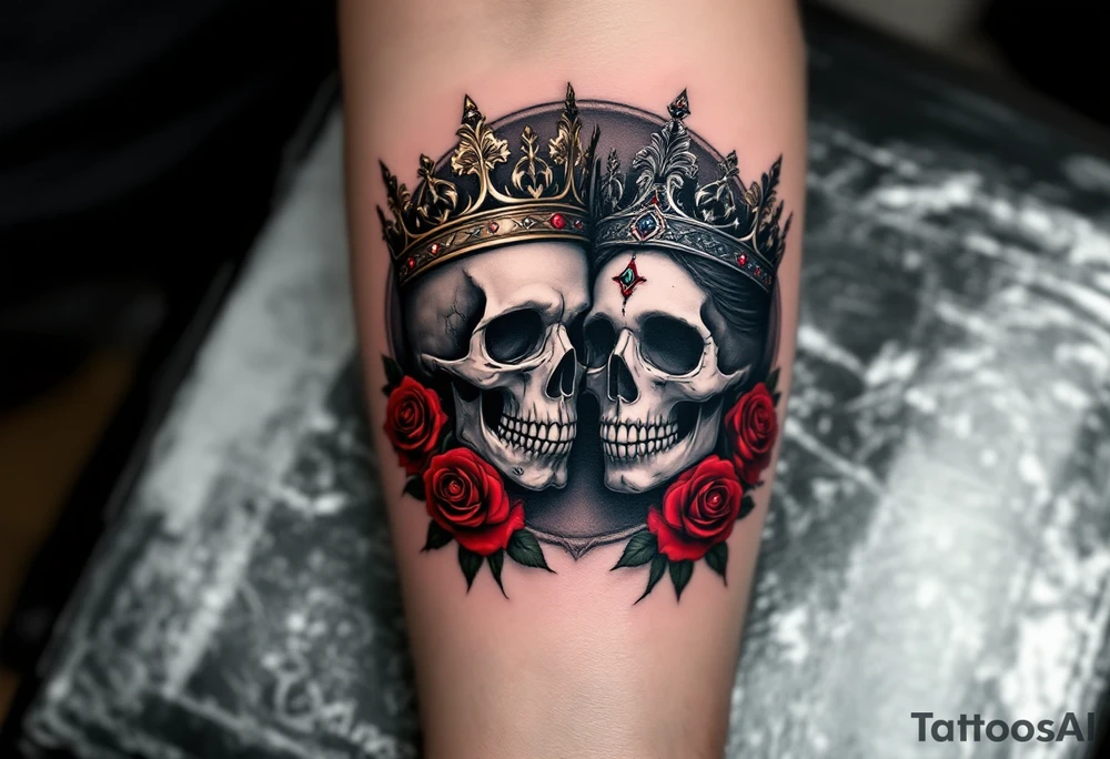A dark grayscale tattoo of a king and queen skull wearing jeweled crowns with blood-red roses behind them. tattoo idea