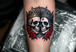 A dark grayscale tattoo of a king and queen skull wearing jeweled crowns with blood-red roses behind them. tattoo idea
