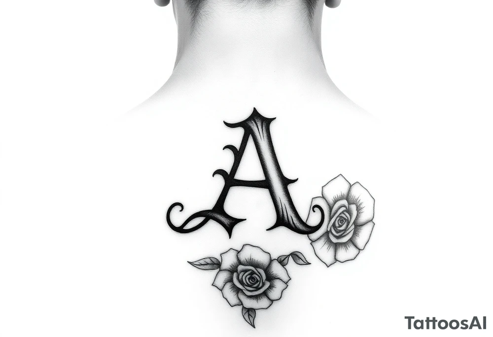 Create a throat tattoo using old english font of Letter A with subtle rose background tattoo idea