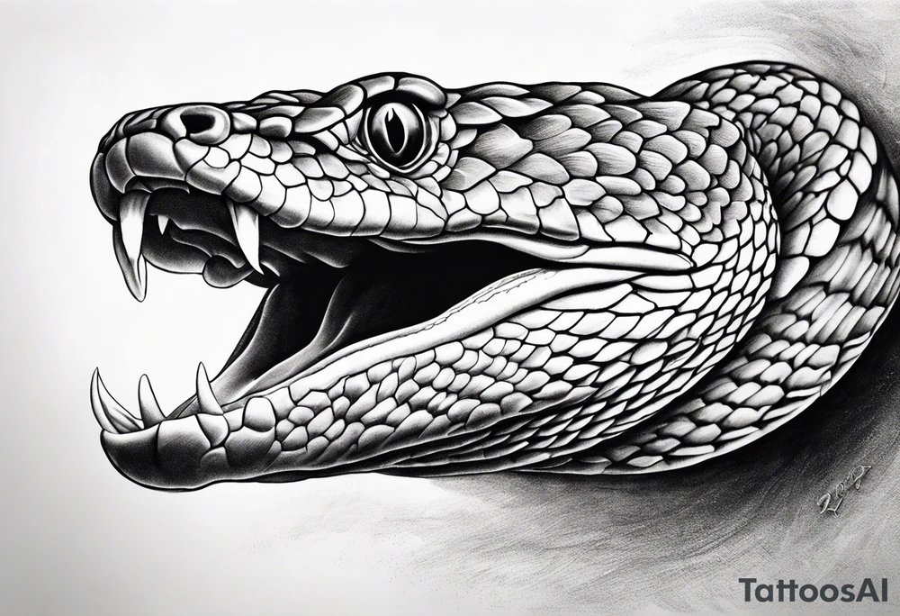 Copperhead view from above with head turned up and mouth open tattoo idea