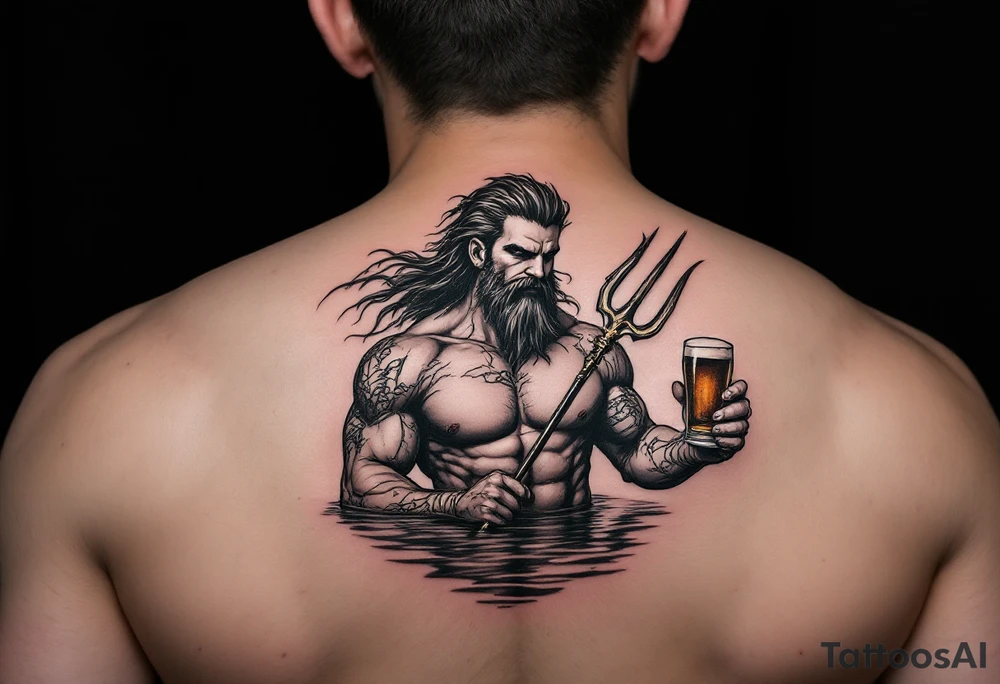poseidon, with a trident, in calm water, holding a beer tattoo idea