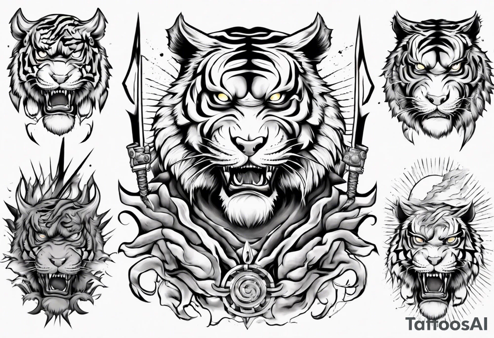 tiger warrior with lightning and the sun for a forearm sleeve tattoo idea