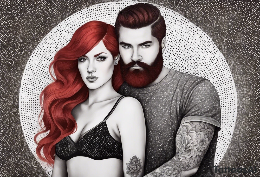 Busty red haired woman with a bearded man who has black hair tattoo idea