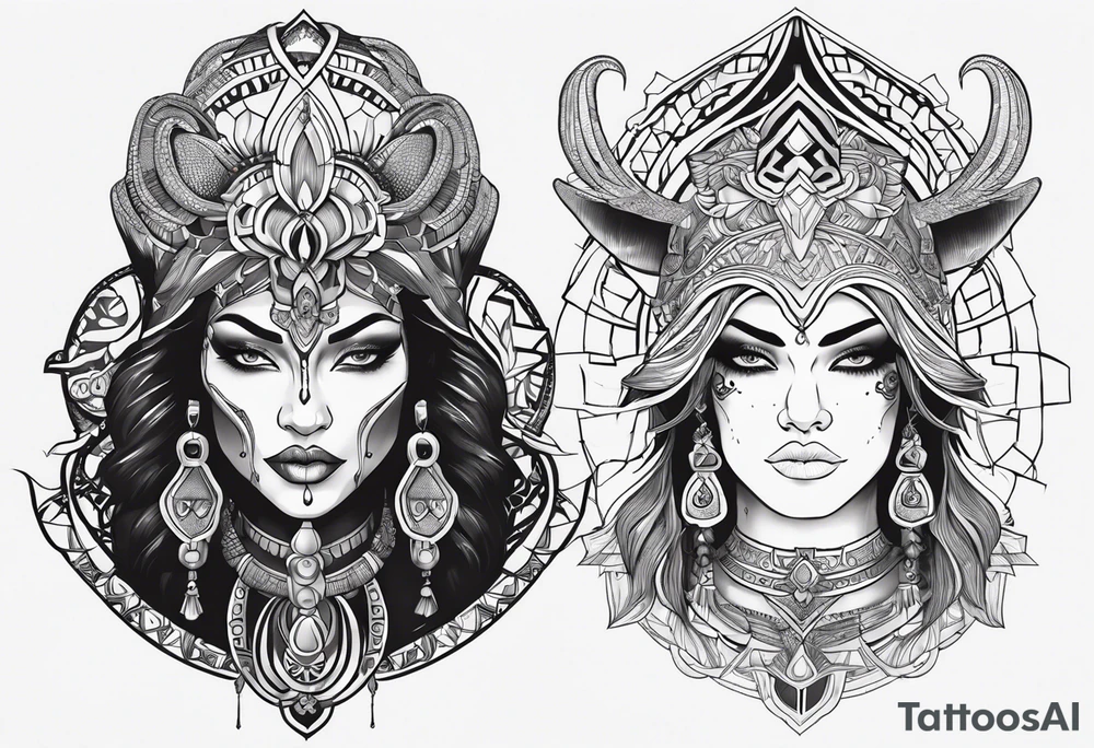 kali, alien goddess, valkrye, pirate, zenza resonance, pachamama, lotus, blank panther, eagle, skull, 5D, nueva gaya tattoo idea