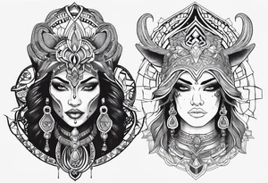kali, alien goddess, valkrye, pirate, zenza resonance, pachamama, lotus, blank panther, eagle, skull, 5D, nueva gaya tattoo idea