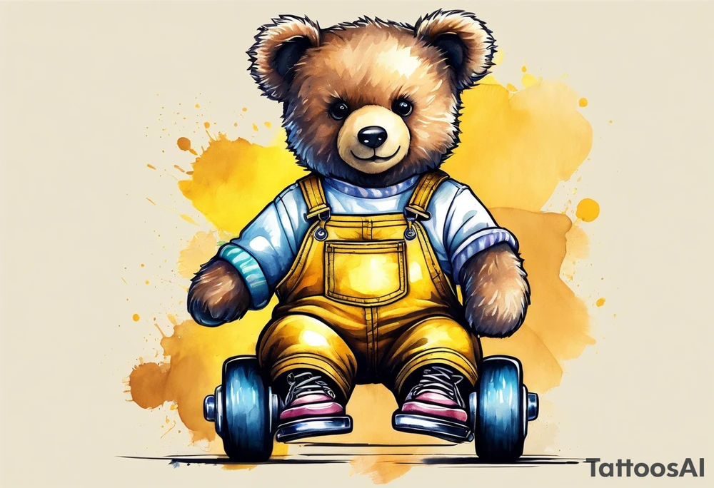 a teddy bear in roller skates and yellow overalls tattoo idea
