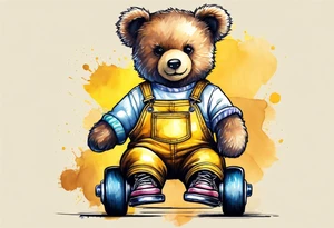 a teddy bear in roller skates and yellow overalls tattoo idea
