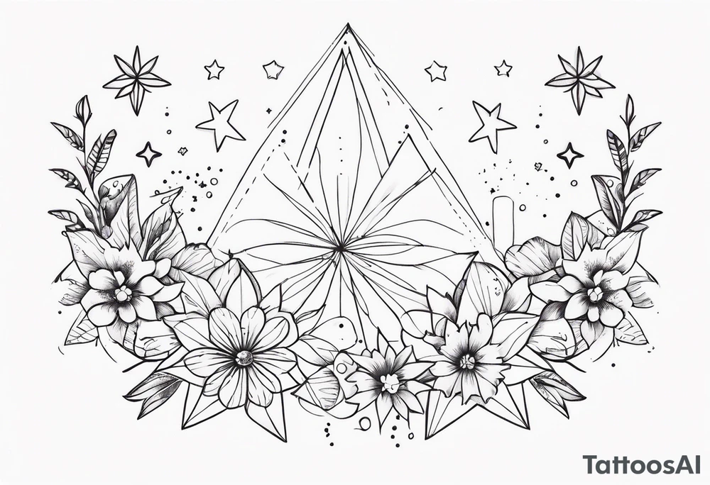 fine line with stars, floral, dots tattoo idea