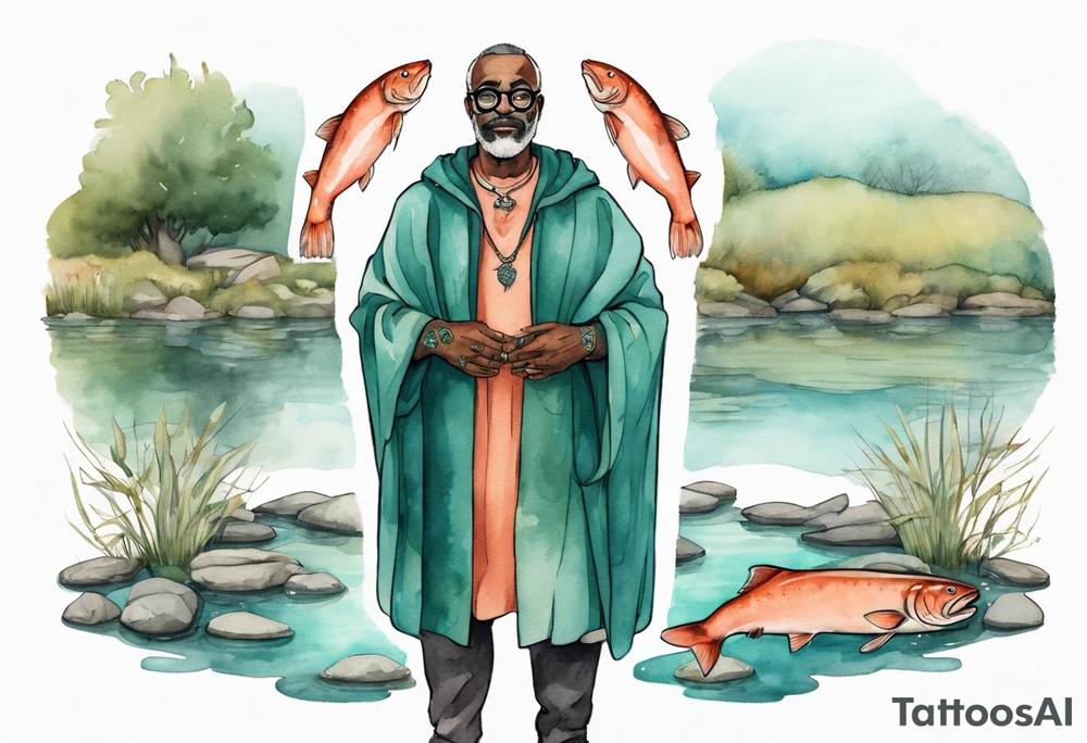 a 50-year-old medieval black man wearing salmon and teal cloak and round glasses standing by a pond with a salmon in it tattoo idea