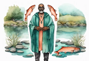a 50-year-old medieval black man wearing salmon and teal cloak and round glasses standing by a pond with a salmon in it tattoo idea