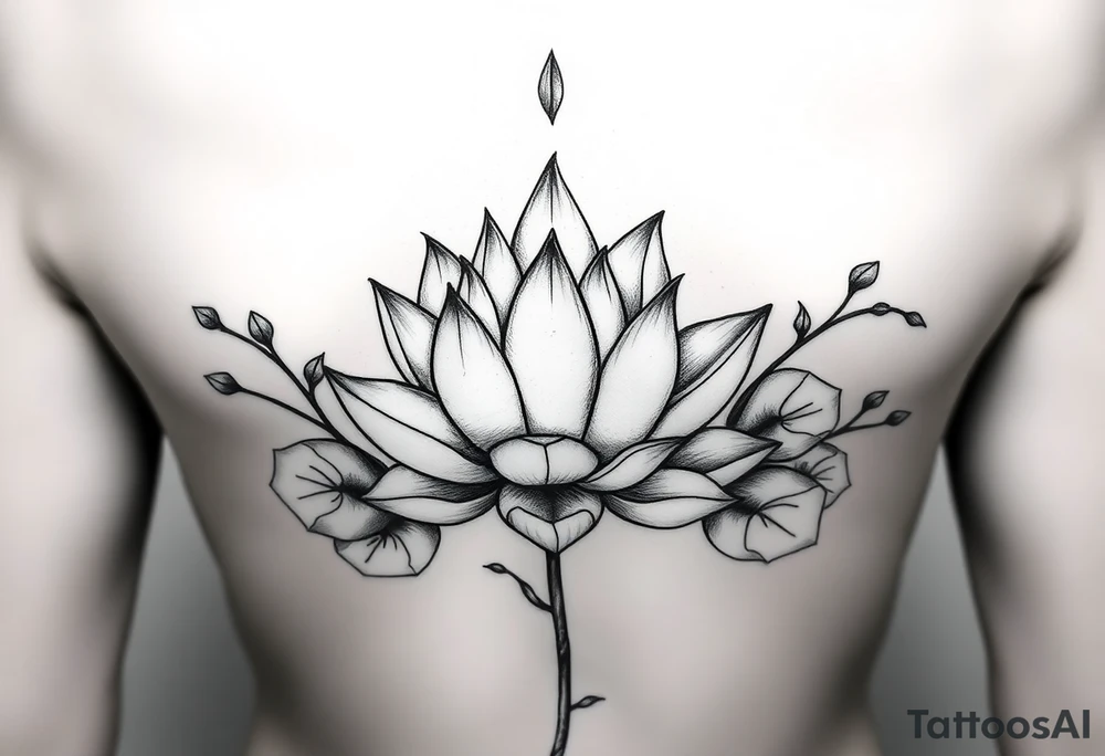 Lotus unalome with stems and leaves underboob tattoo idea