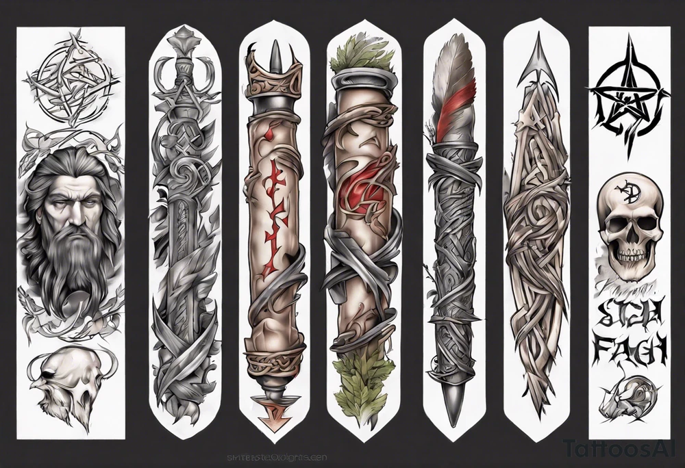 pagan sleeve with heathen writing tattoo idea