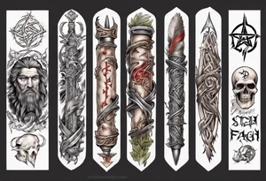 pagan sleeve with heathen writing tattoo idea