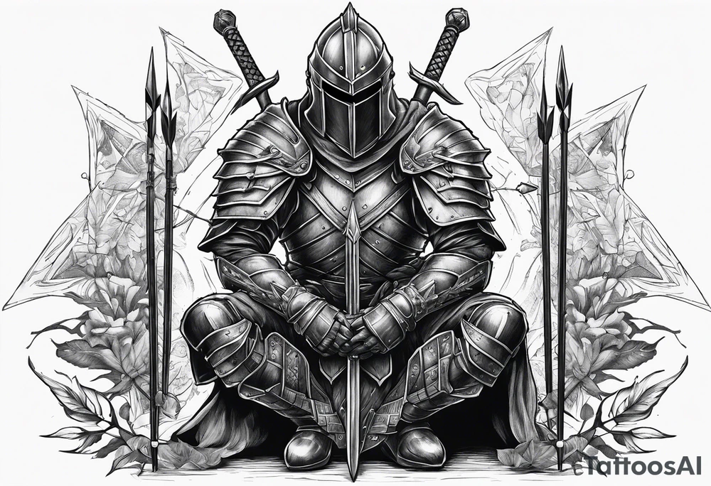 Fallen knight on his knees with five arrows in his back tattoo idea