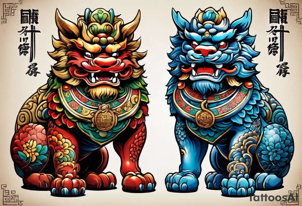 Pair of full bodied traditional Okinawa shisa, one has mouth closed, the other one, has mouth open. tattoo idea