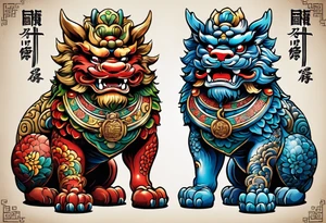 Pair of full bodied traditional Okinawa shisa, one has mouth closed, the other one, has mouth open. tattoo idea