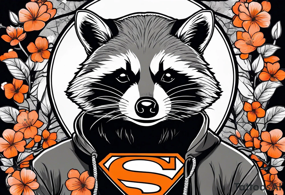 Raccoon wearing a white Superman logo on a black hoodie and orange Japanese cherry blossoms beside tattoo idea