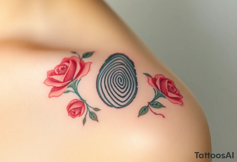 A fingerprint with soft pastel roses around, creating a delicate floral effect tattoo idea