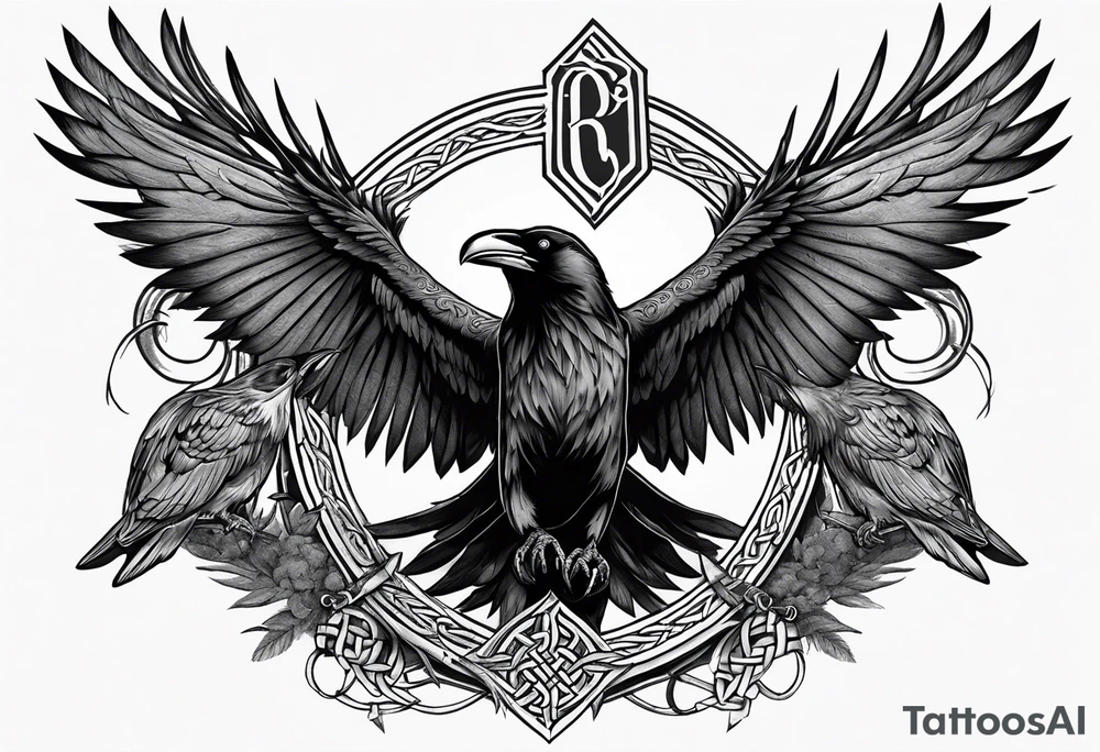 3 ravens circling a dead body with 3 spears stuck in it. One spear has a banner with celtic erit8ng on it tattoo idea