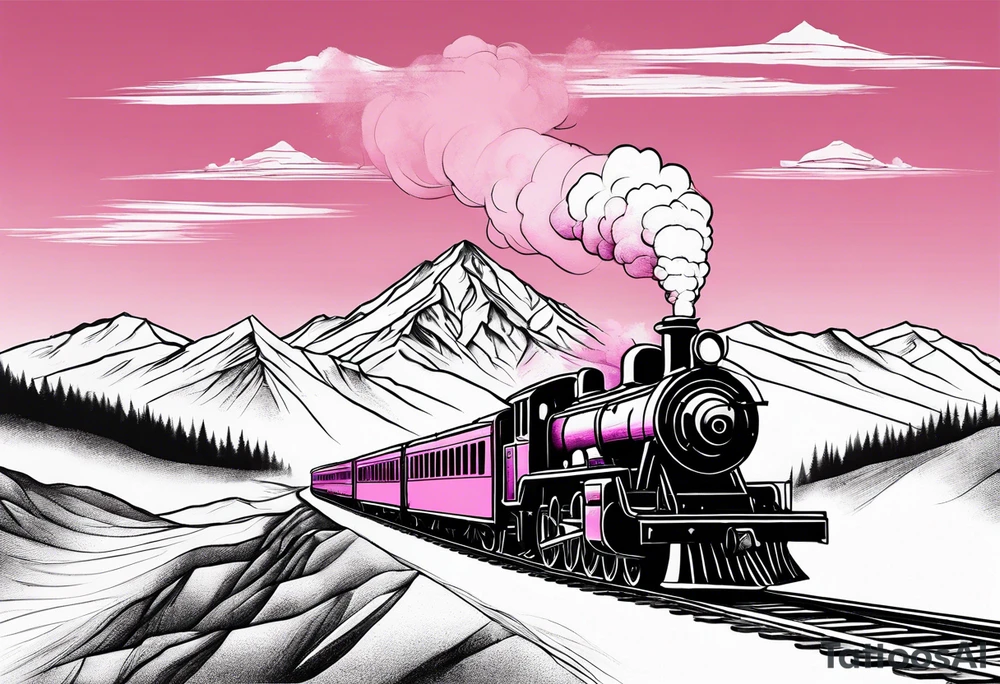 Mountain with steam train travelling down the mountain with pink horizon tattoo idea