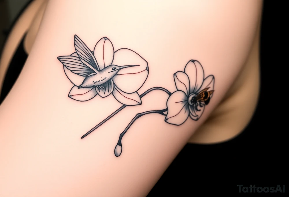 A delicate, black and white fine-line tattoo for male, featuring gracefully detailed 2 orchids in full bloom including their stems, with soft, intricate petals and elegant curves. Beside it, a hummingbird hovers mid-flight, its wings drawn with subtle motion lines, its slender beak reaching toward the orchid’s center to drink its nectar. on the other flower there is a bee that is resting tattoo idea