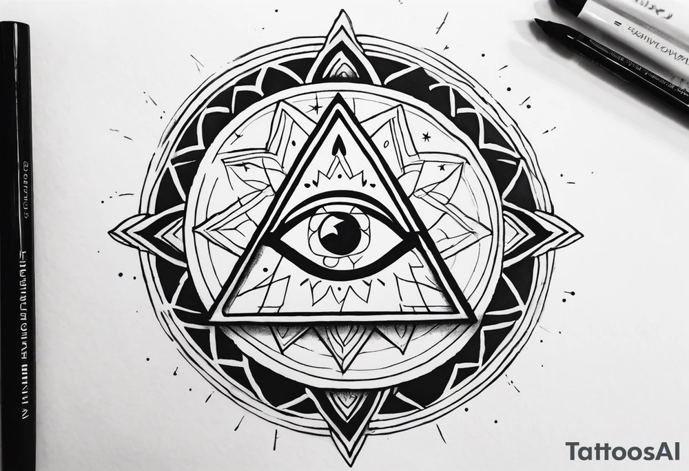 Hamsa with a third eye, a compass, tree of life, Jewish star and AA symbol tattoo idea