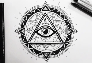 Hamsa with a third eye, a compass, tree of life, Jewish star and AA symbol tattoo idea