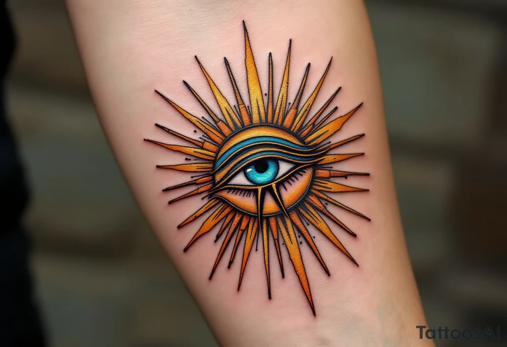 A turquoise Eye of Ra framed in a sunburst of gold and ochre rays. tattoo idea