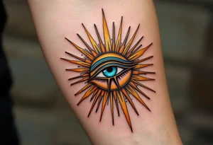 A turquoise Eye of Ra framed in a sunburst of gold and ochre rays. tattoo idea