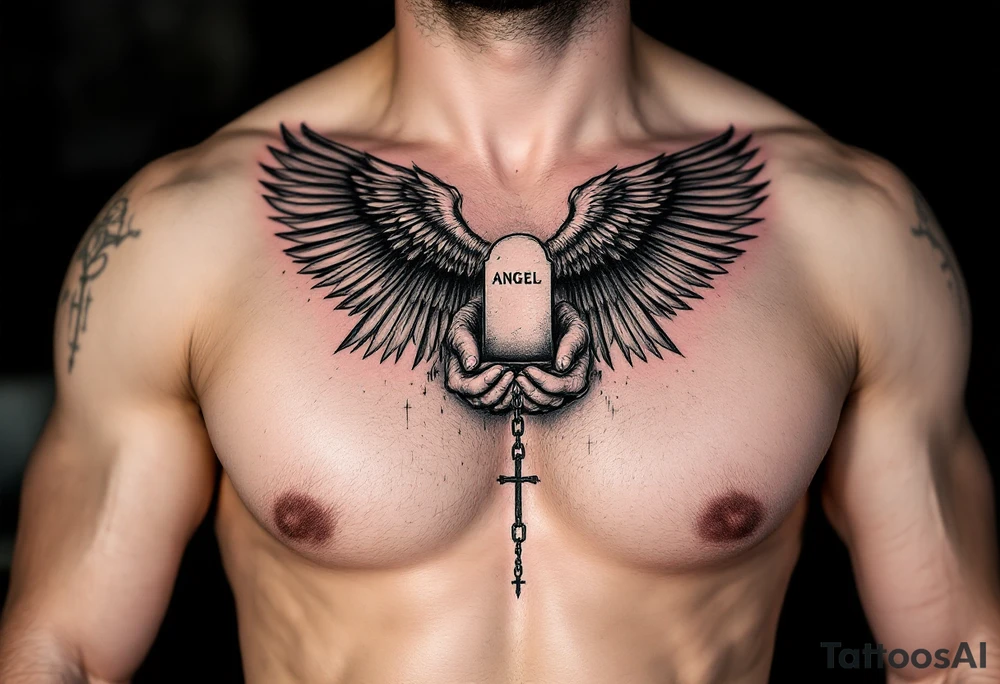 Angel hold headstone in hands with a cross chain hanging down with large wings tattoo idea