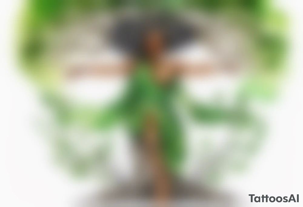 a tree trunk with roots that is a black woman from the waist up, feet made of tree roots, arms reaching up to the sun, wearing a green tunic tattoo idea