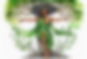 a tree trunk with roots that is a black woman from the waist up, feet made of tree roots, arms reaching up to the sun, wearing a green tunic tattoo idea