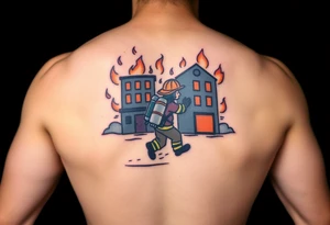 A firefighter running towards a burning building, with dramatic shading in deep oranges, blacks, and grays. tattoo idea