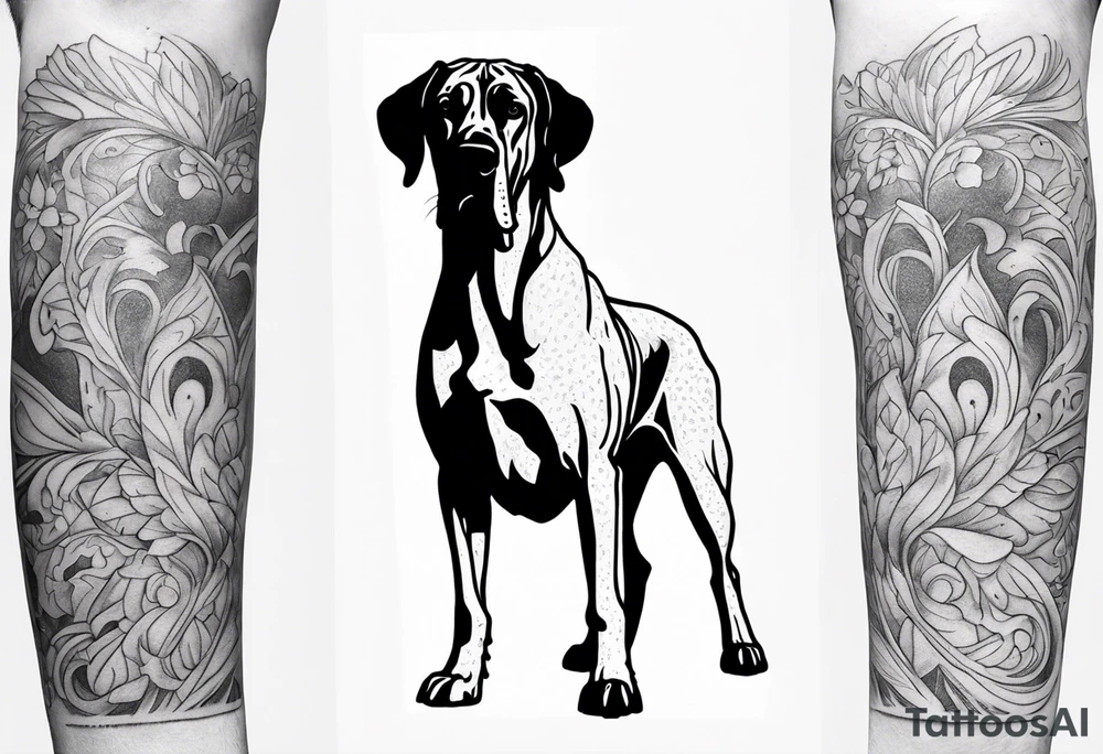 Arm sleeve with floppy ear Great Dane standing fiercely chest up with full work tattoo idea