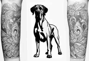Arm sleeve with floppy ear Great Dane standing fiercely chest up with full work tattoo idea