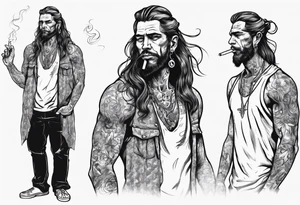 A man standing full-length, with long hair, no beard, smoking a cigarette, with earrings in his ears, no headgear tattoo idea