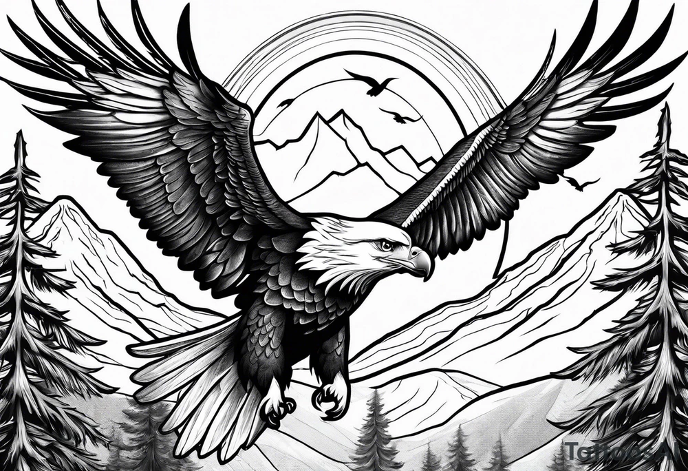 Eagle and Dove flying together over a mountain with trees in the background tattoo idea