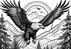 Eagle and Dove flying together over a mountain with trees in the background tattoo idea