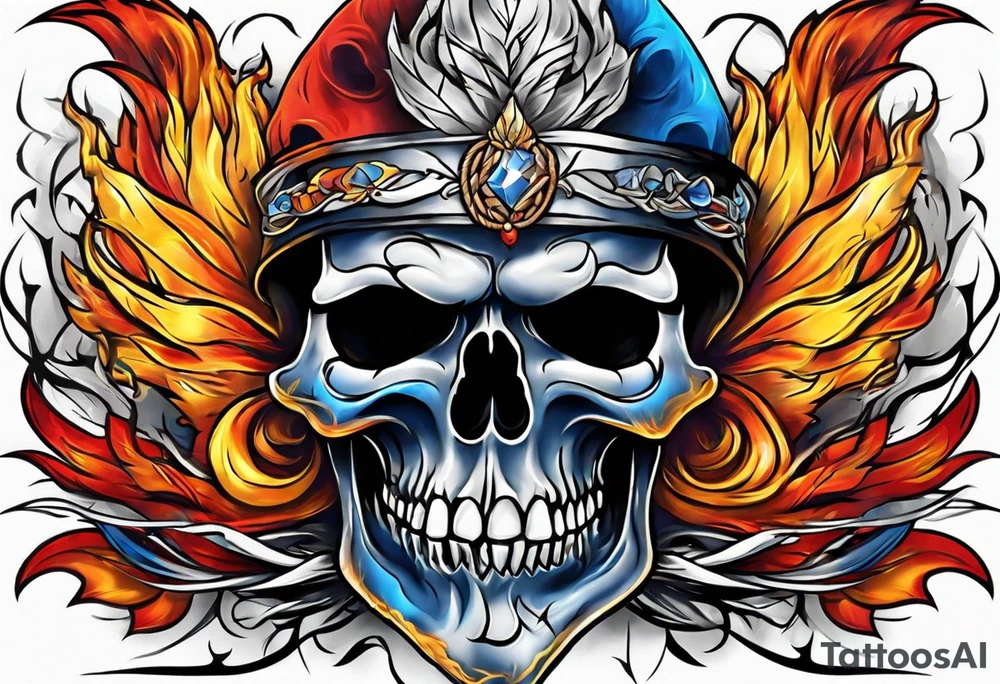 Broken skull red orange yellow blue smoke rope tattoo idea