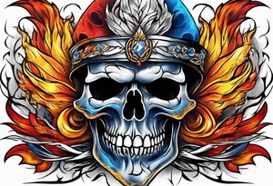 Broken skull red orange yellow blue smoke rope tattoo idea