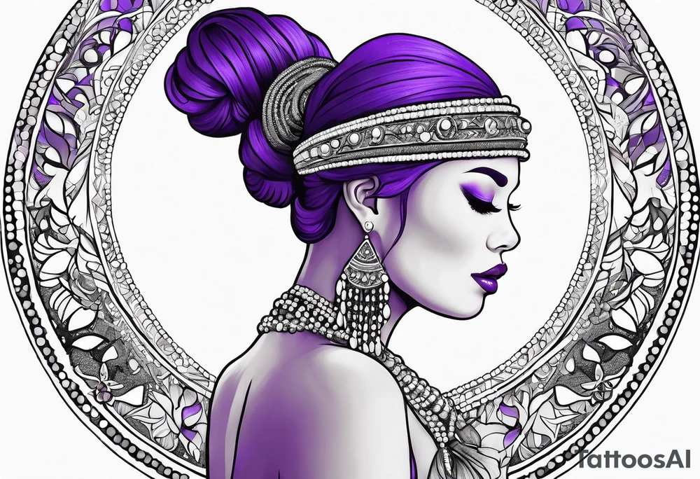 woman wearing bead headband, standing next to magical purple buffalo tattoo idea