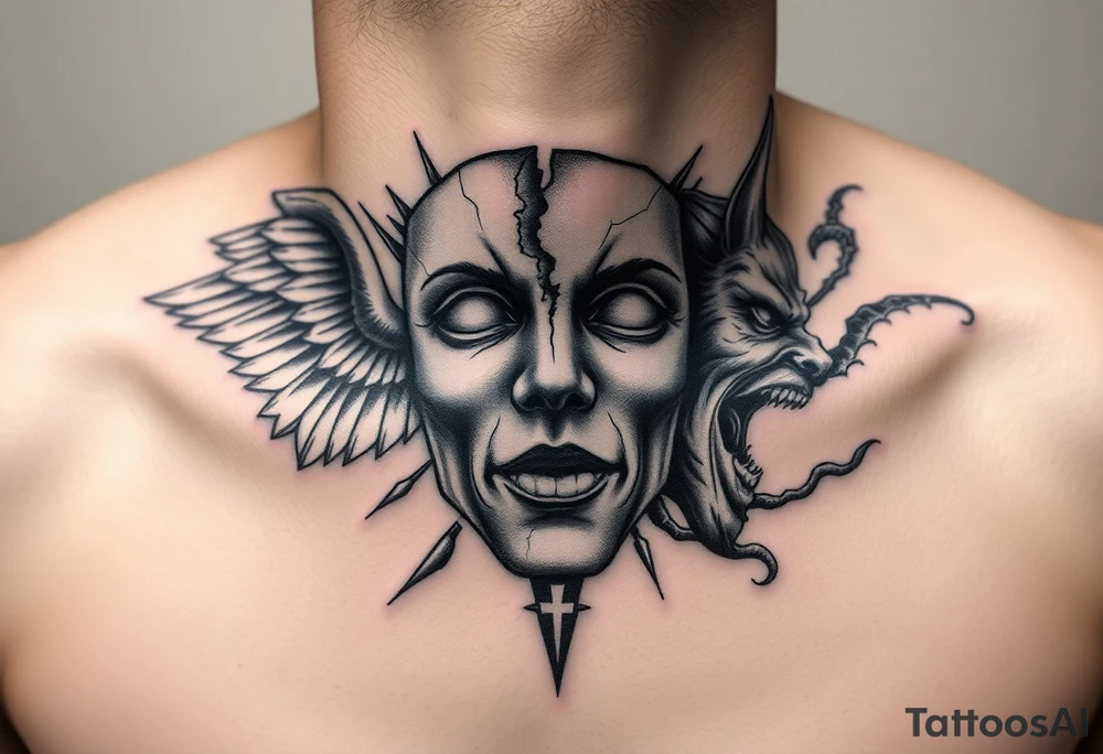 Realistic black and grey neck tattoo design. In the center of the throat, a human mask made of cracked stone or porcelain with natural facial features. The mask is breaking apart from the pressure of both sides — a screaming angel on the left and a screaming demon on the right. From the cracks on the angel’s side, soft white and blue light emerges; from the demon’s side, dark smoke and shadow flow out. The mask’s fragments slightly detach, revealing inner light and darkness mixing at the center. Highly detailed realism with strong contrast, fine shading, emotional and symbolic atmosphere, representing the true self shattered by the inner battle between good and evil. tattoo idea