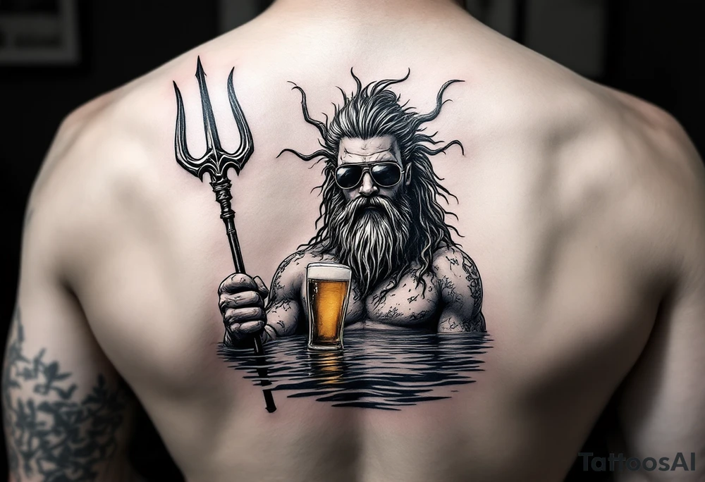 poseidon with trident half way in calm water with a beer and sunglasses tattoo idea