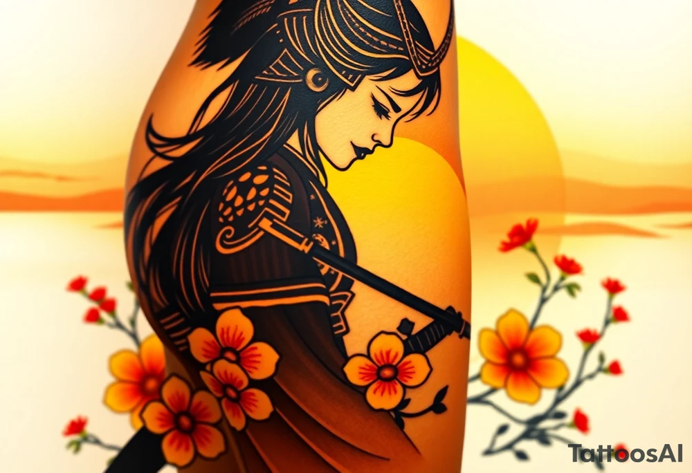 noble female samurai warrior silhouette at sunset with flowers, yellows and reds tattoo idea