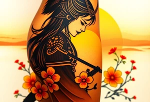 noble female samurai warrior silhouette at sunset with flowers, yellows and reds tattoo idea