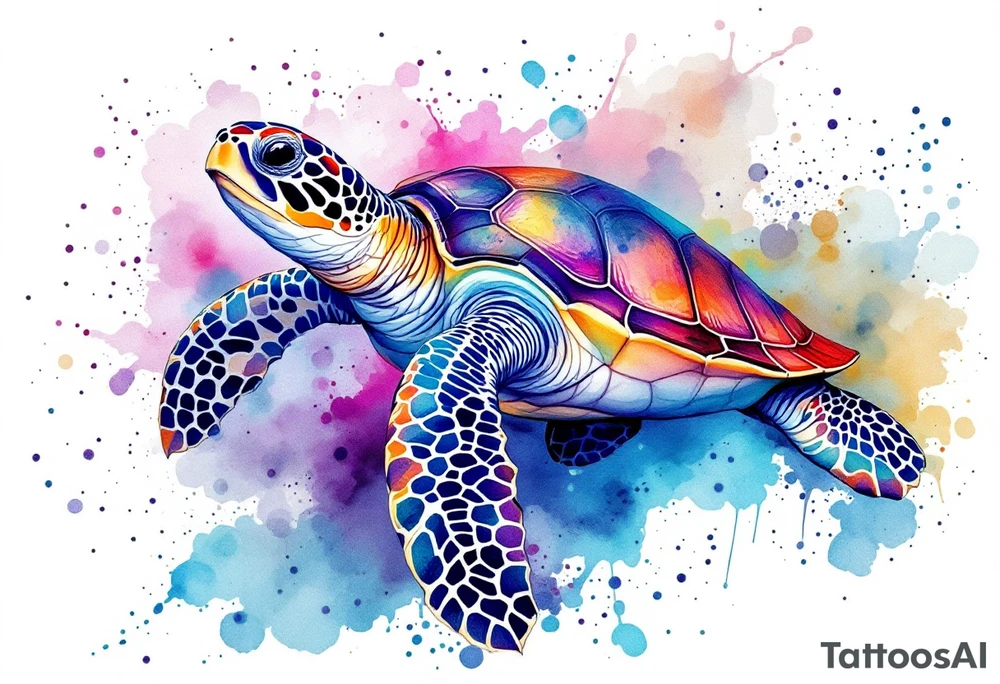 Sea turtle with watercolor background splashes tattoo idea