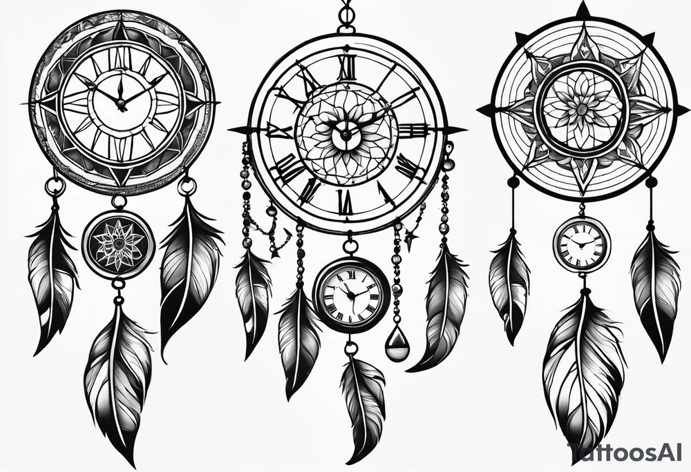 Dreamcatcher with three parts to it the Magnoliaflower at the top the clock in the middle in the compass at the bottom tattoo idea