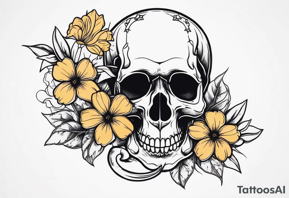 Skull tattoo with a large scorpion and flowers tattoo idea