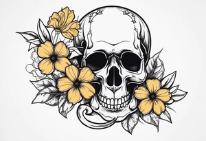 Skull tattoo with a large scorpion and flowers tattoo idea